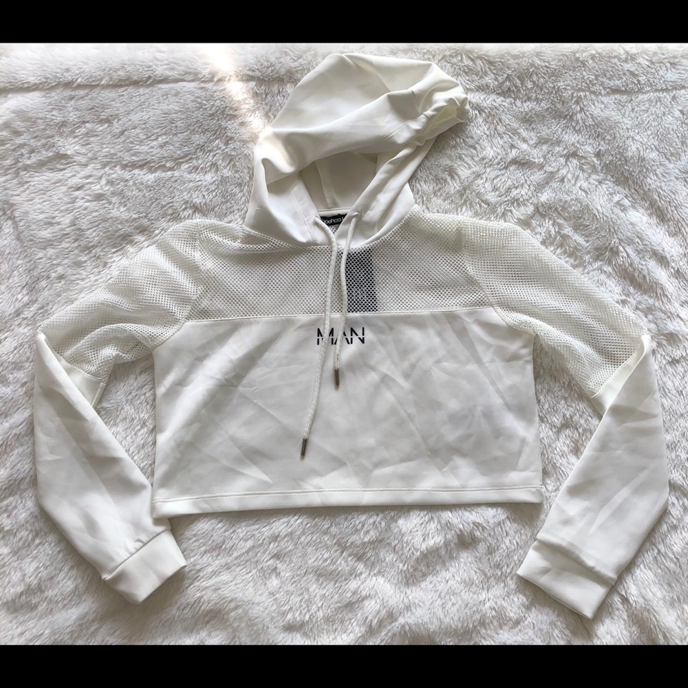 Mesh Panel Cropped White Hoodie